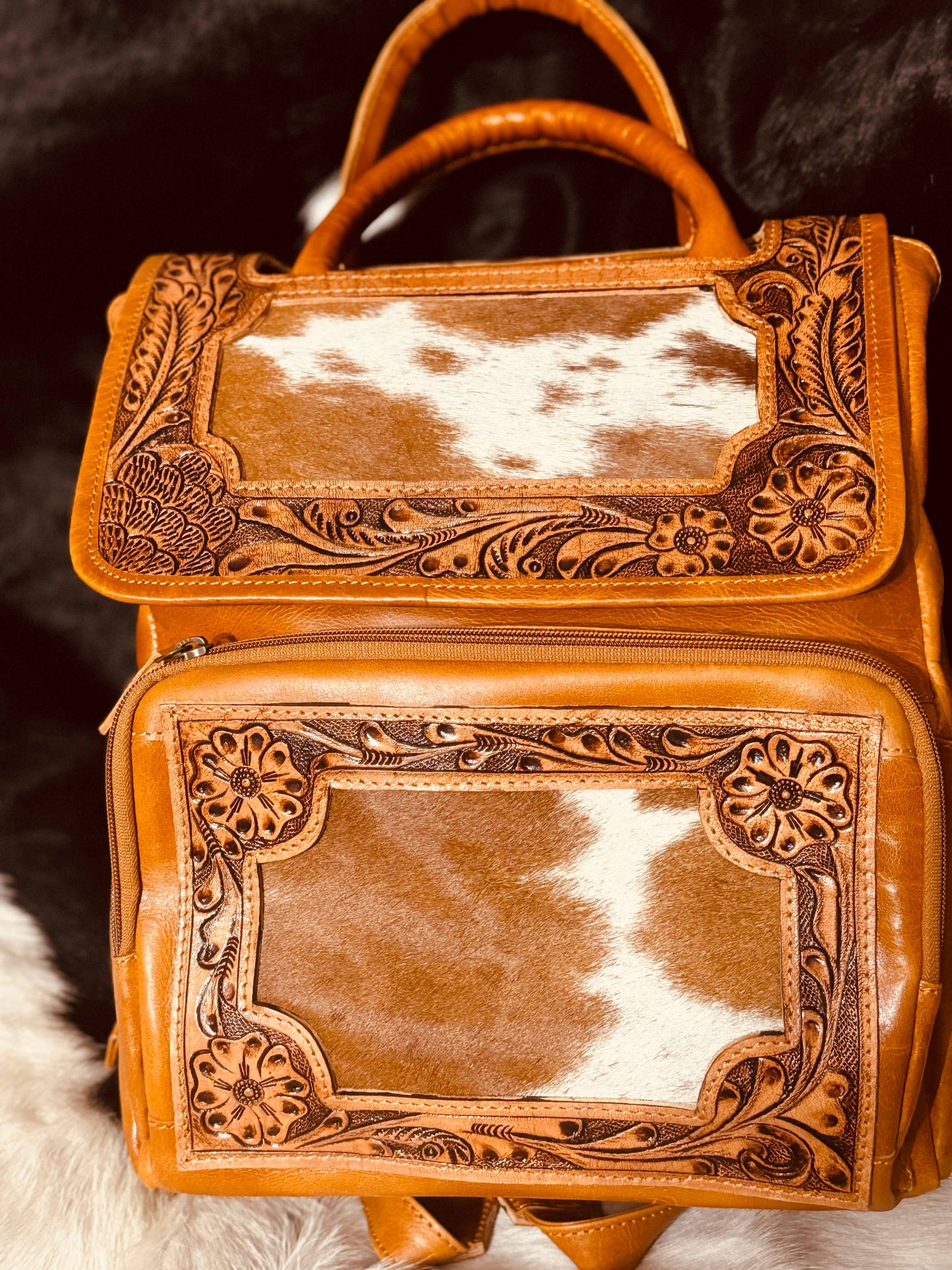 FRINGE & LUXE - Tooled Cowhide Fringe diaper bag/backpack-
( exact bag)