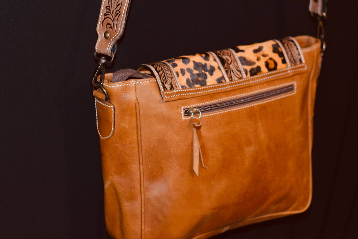 FRINGE & LUXE - Leopard & Turquoise Tooled Leather Shoulder Bag