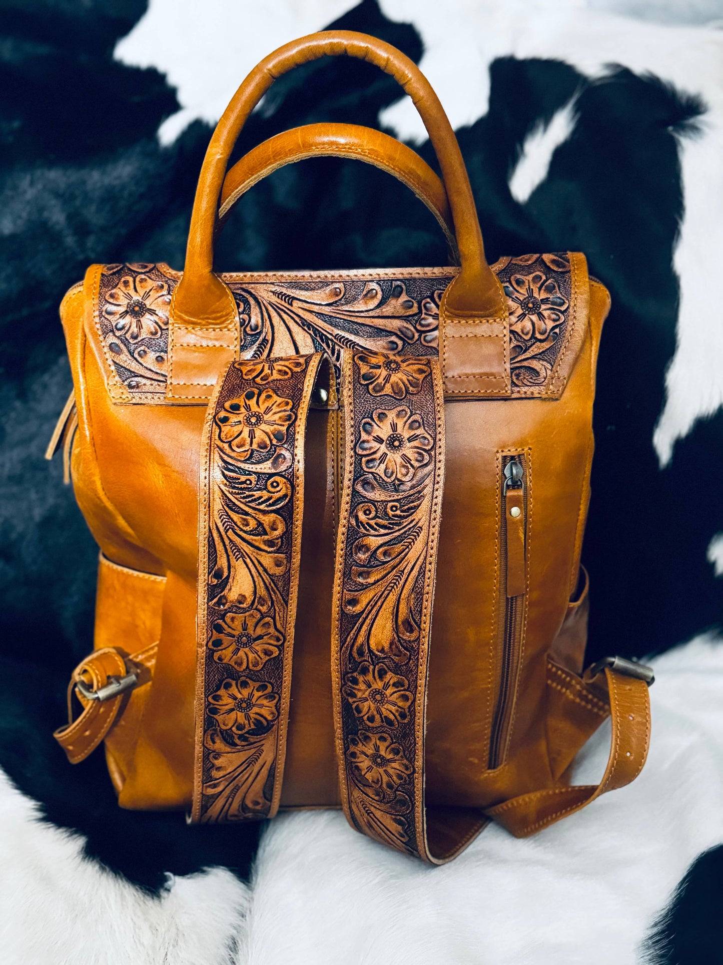 FRINGE & LUXE - Tooled Cowhide Fringe diaper bag/backpack-
( exact bag)
