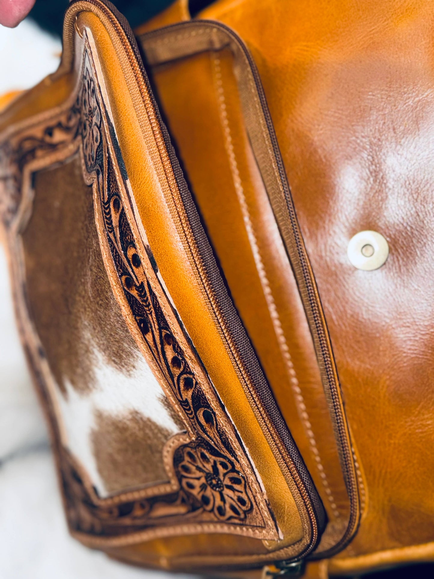 FRINGE & LUXE - Tooled Cowhide Fringe diaper bag/backpack-
( exact bag)