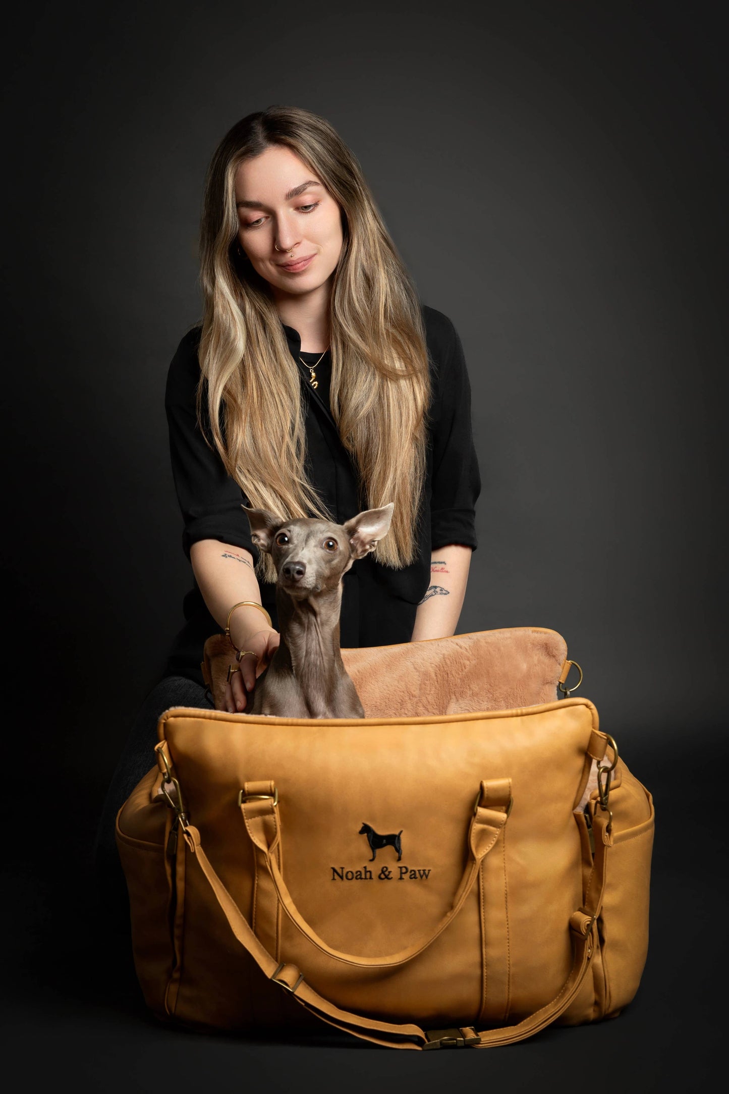 NOAH AND PAW LLC - Dog Car Seat Carrier Orthopedic Crushed Foam, Camel, Vegan Leather