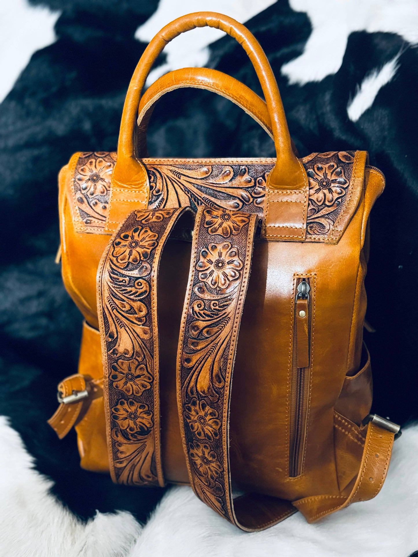 FRINGE & LUXE - Tooled Cowhide Fringe diaper bag/backpack-
( exact bag)