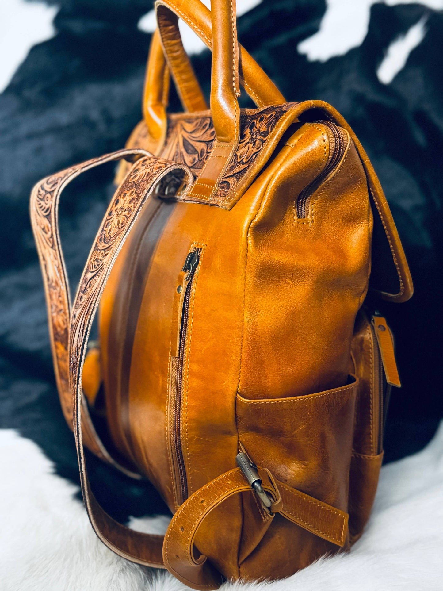FRINGE & LUXE - Tooled Cowhide Fringe diaper bag/backpack-
( exact bag)