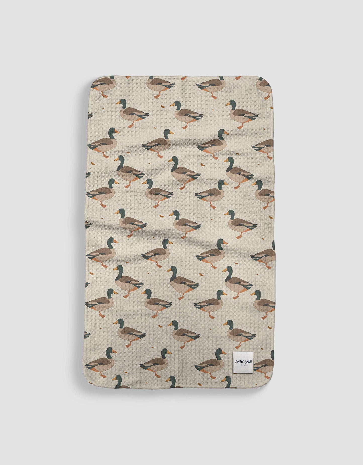 Loom Loom - Loom Loom Kitchen Tea Towel - Green Tan Brown Ducks Mallards Repeating Tile Pattern Eco Microfiber Waffle Woven Towels