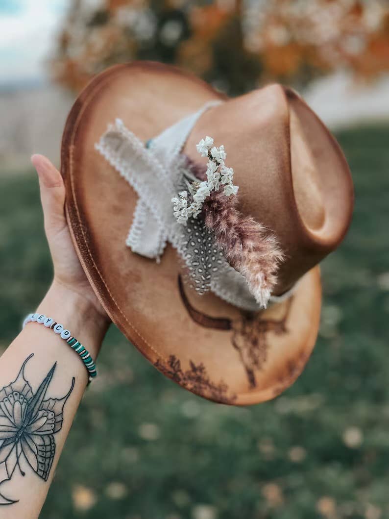 River Valley Co. - Longhorn Floral Skull Hand Burned Custom Wide Brim Fedora