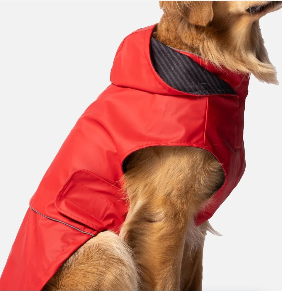 Aden 2.0 Dog Raincoat Red – Stylish, Waterproof, Adjustable, with Reflective Piping & Sun Alert Patch