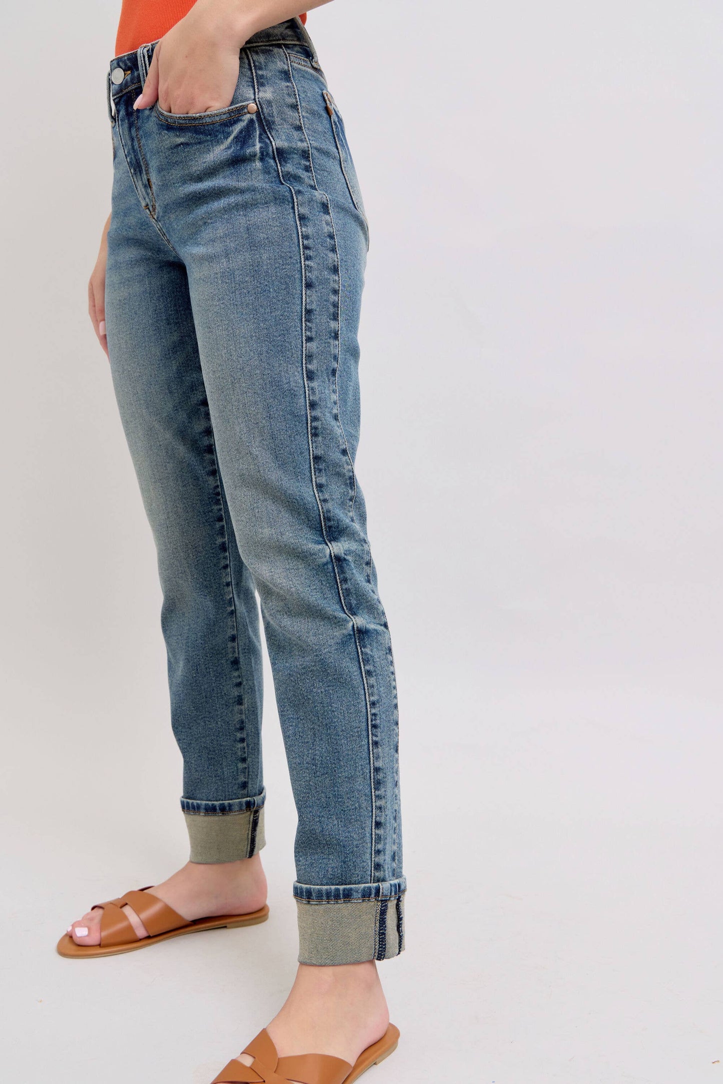 Judy Blue Jeans - Mid Rise Vintage Wash SS Panel & Double Roll Cuff BF