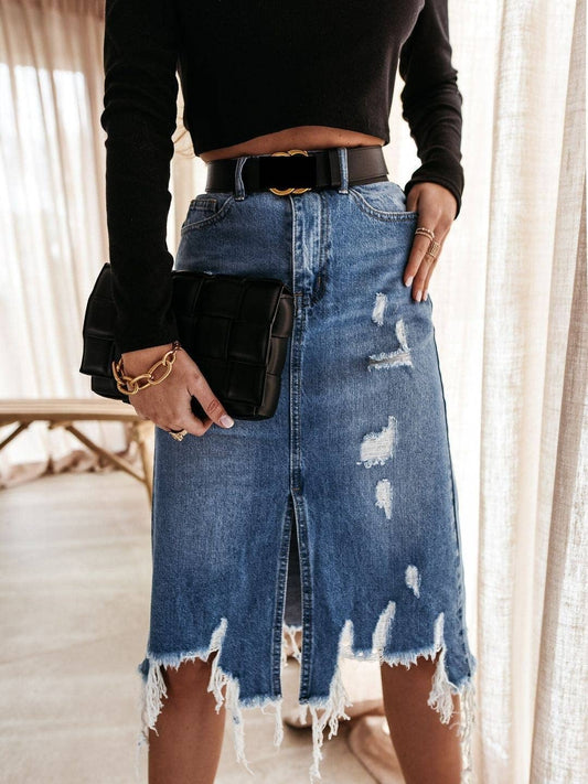 Miss Sparkling - Distressed denim midi skirt