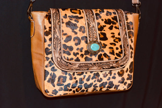 FRINGE & LUXE - Leopard & Turquoise Tooled Leather Shoulder Bag