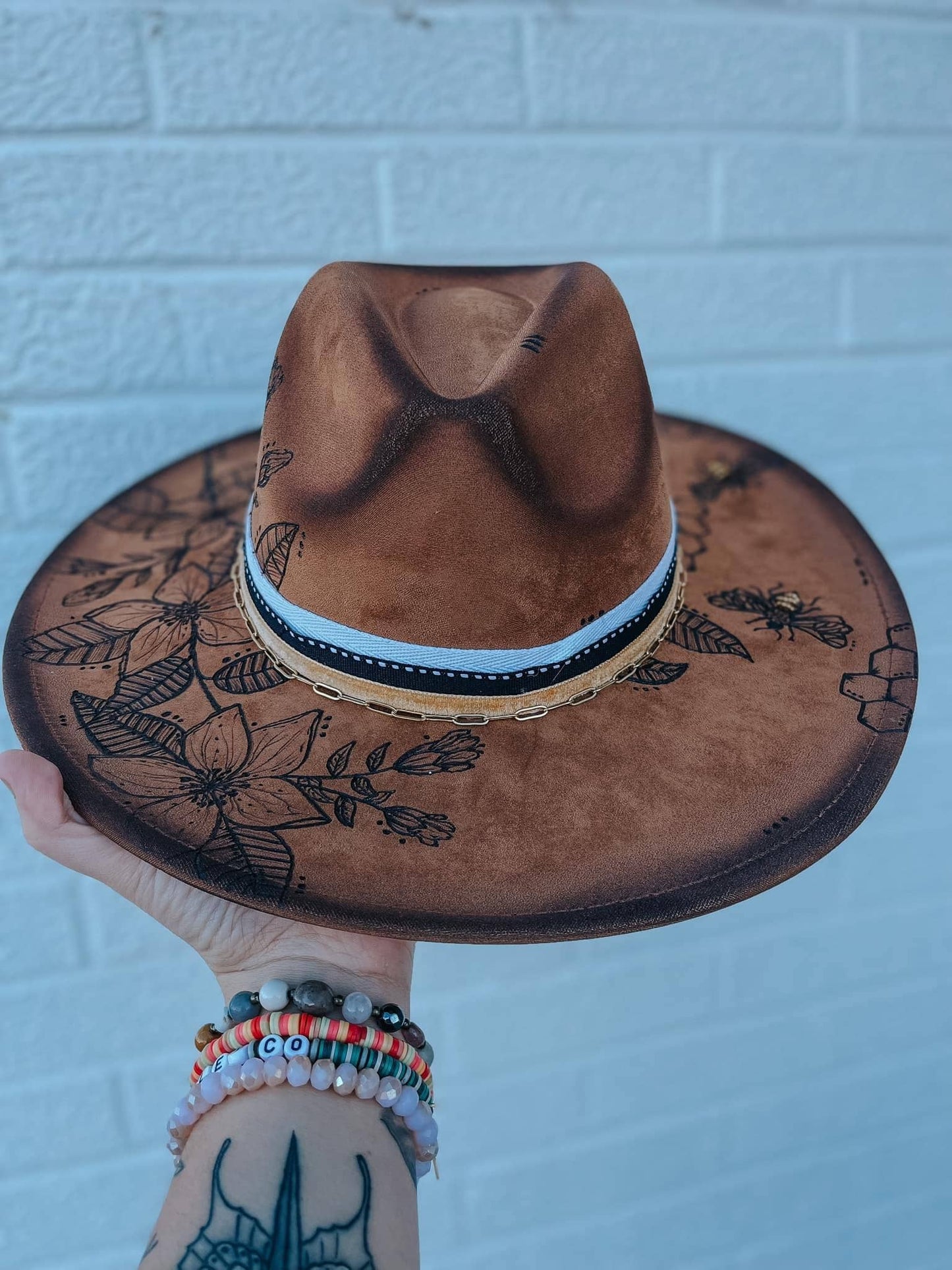River Valley Co. - Tan apple blossom and bee floral wide brim fedora hat