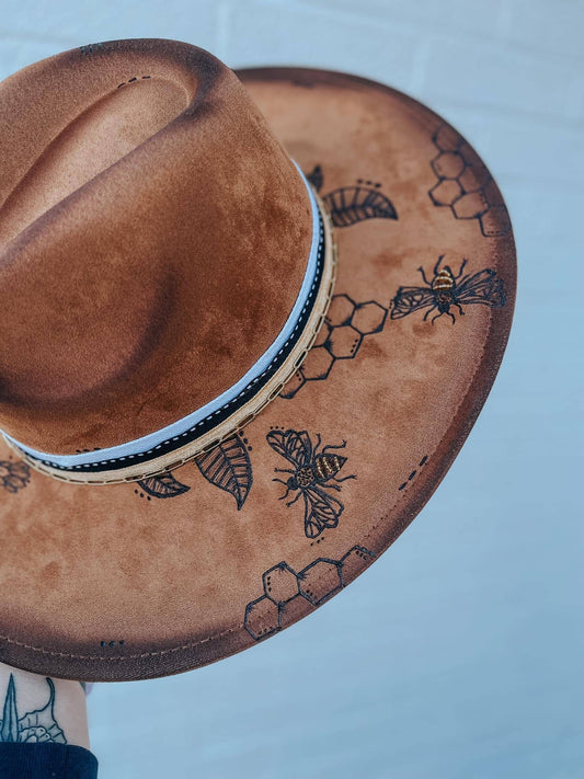 River Valley Co. - Tan apple blossom and bee floral wide brim fedora hat