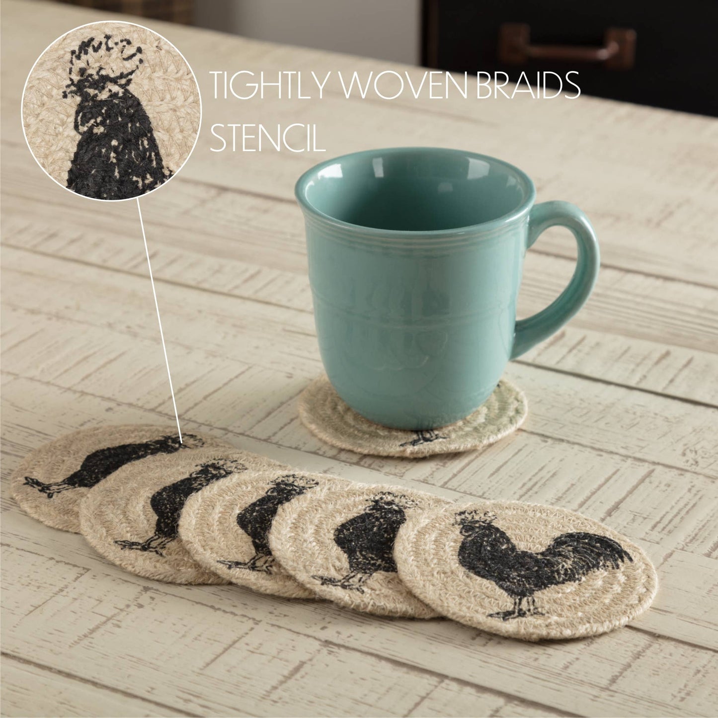 VHC Brands - Sawyer Mill Charcoal Poultry Jute Coaster Set of 6