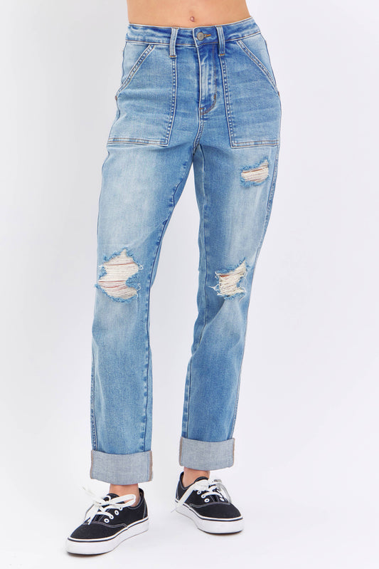 Judy Blue Jeans - High Waisted Distressed Boyfriend With Patch Pocket