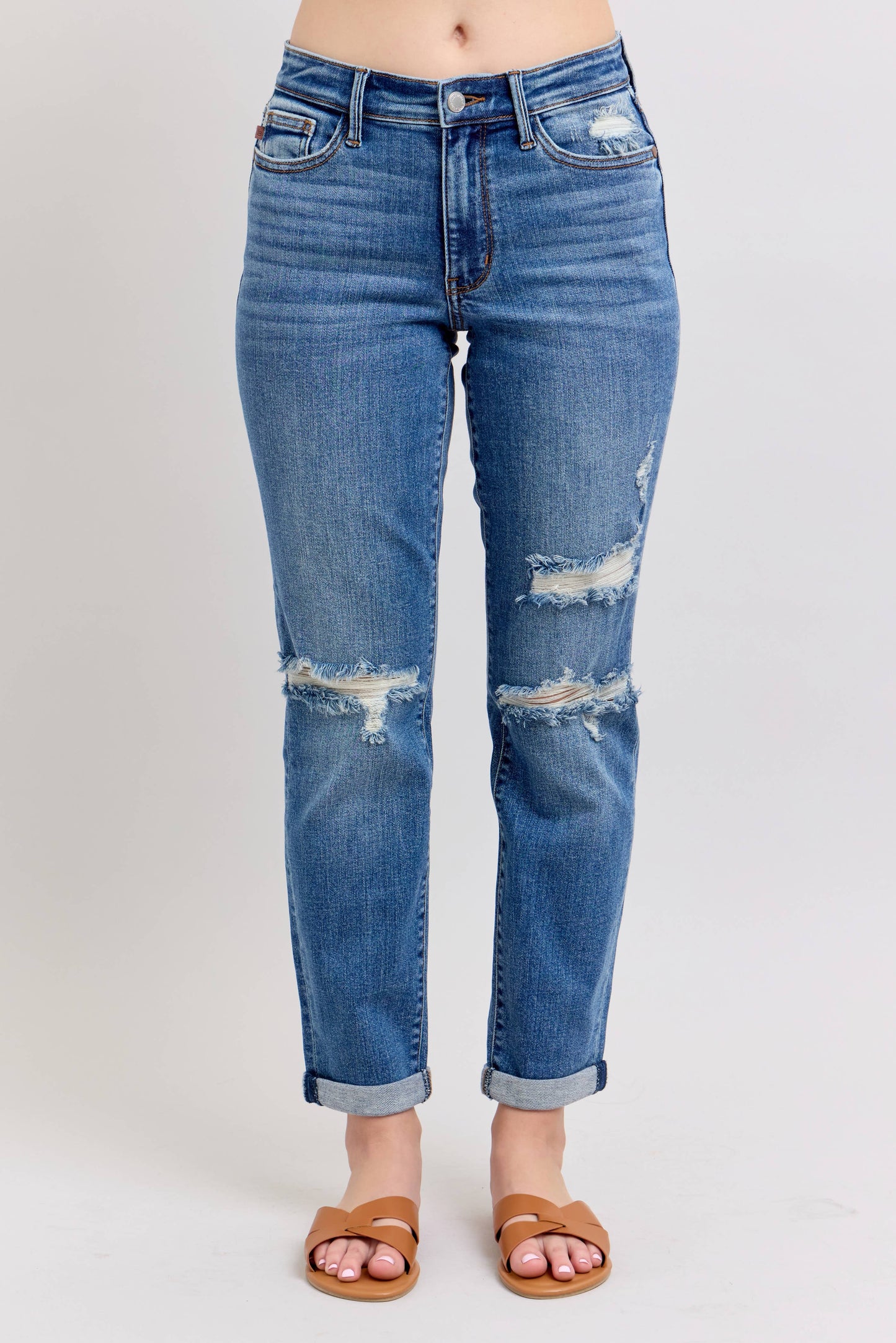 Judy Blue Jeans - Mid Rise Vintage Wash Boyfriend Fit W/ Distressed