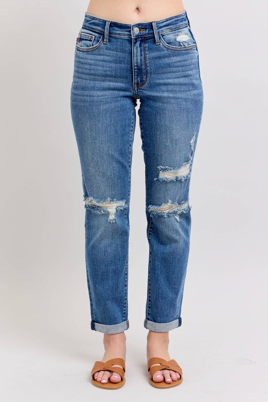 Judy Blue Jeans - Mid Rise Vintage Wash Boyfriend Fit W/ Distressed