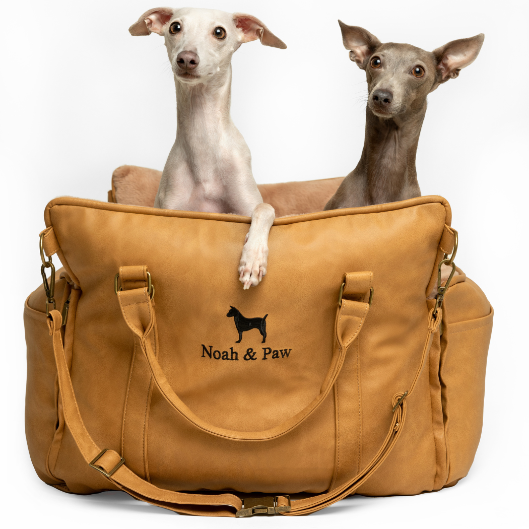 NOAH AND PAW LLC - Dog Car Seat Carrier Orthopedic Crushed Foam, Camel, Vegan Leather