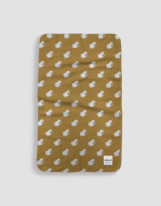 Loom Loom - Loom Loom Kitchen Tea Towel - Orange White Ghosts Halloween Geometric Pattern Print Eco Microfiber Waffle Woven Towel