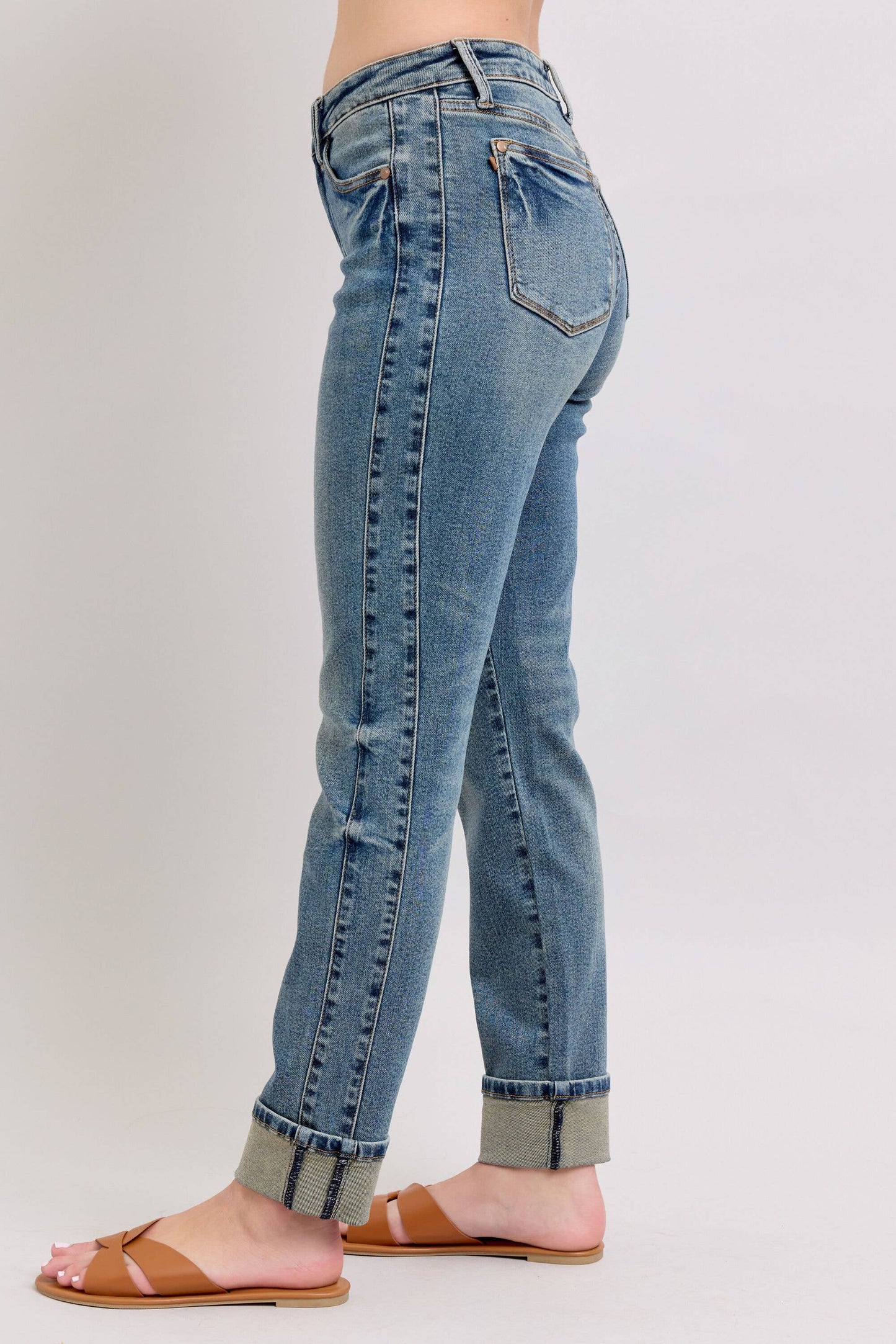 Judy Blue Jeans - Mid Rise Vintage Wash SS Panel & Double Roll Cuff BF