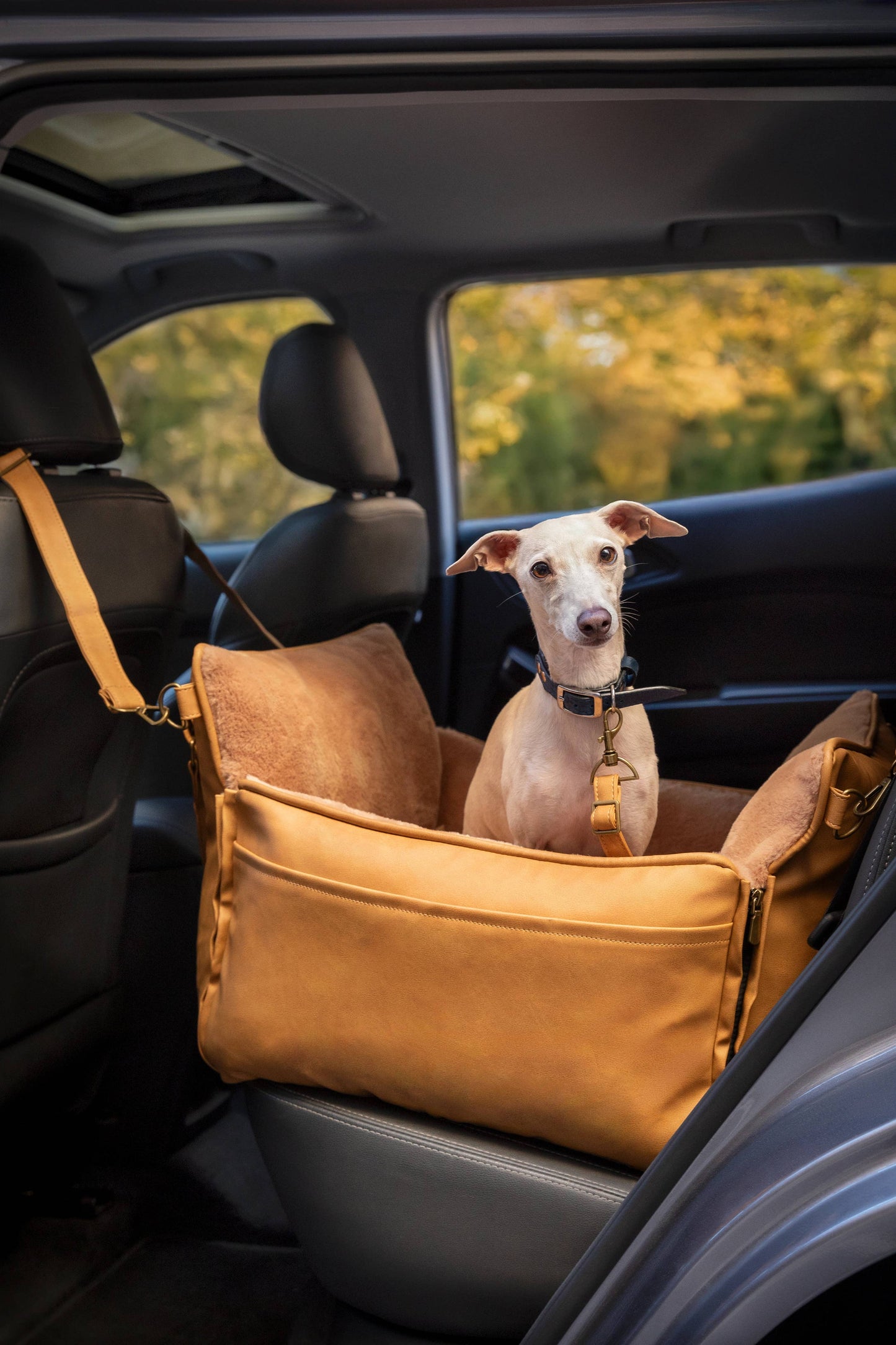 NOAH AND PAW LLC - Dog Car Seat Carrier Orthopedic Crushed Foam, Camel, Vegan Leather