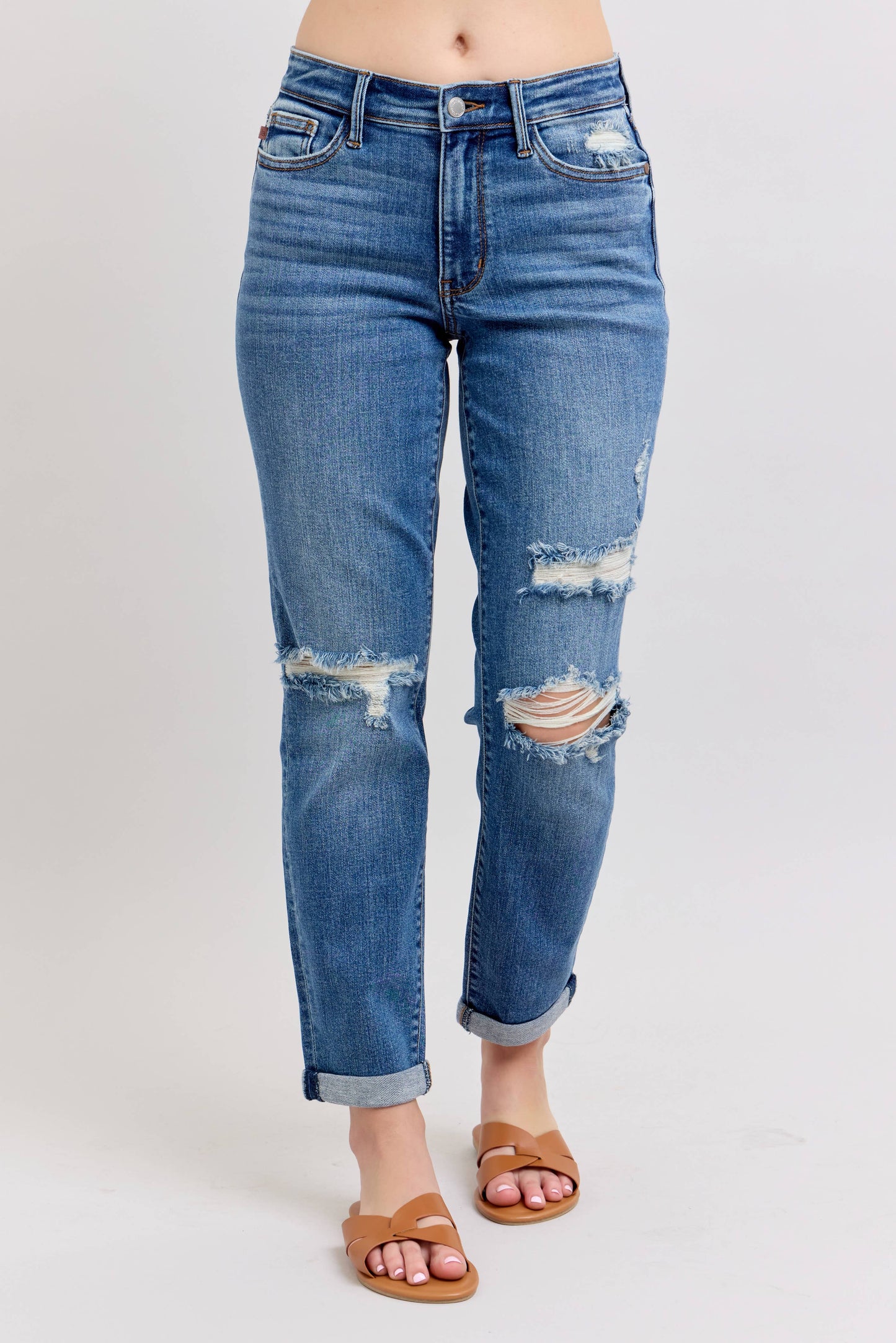 Judy Blue Jeans - Mid Rise Vintage Wash Boyfriend Fit W/ Distressed