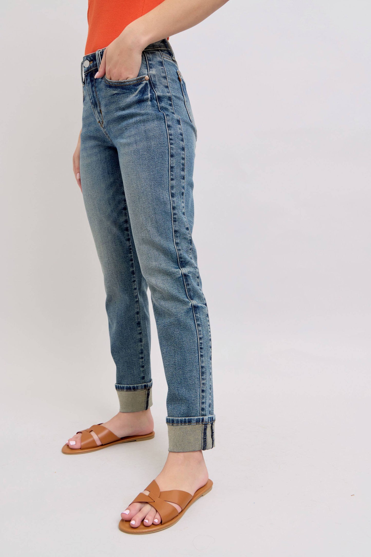 Judy Blue Jeans - Mid Rise Vintage Wash SS Panel & Double Roll Cuff BF