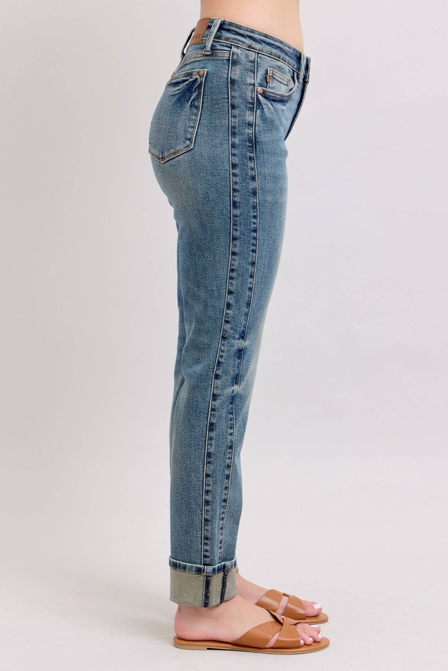 Judy Blue Jeans - Mid Rise Vintage Wash SS Panel & Double Roll Cuff BF