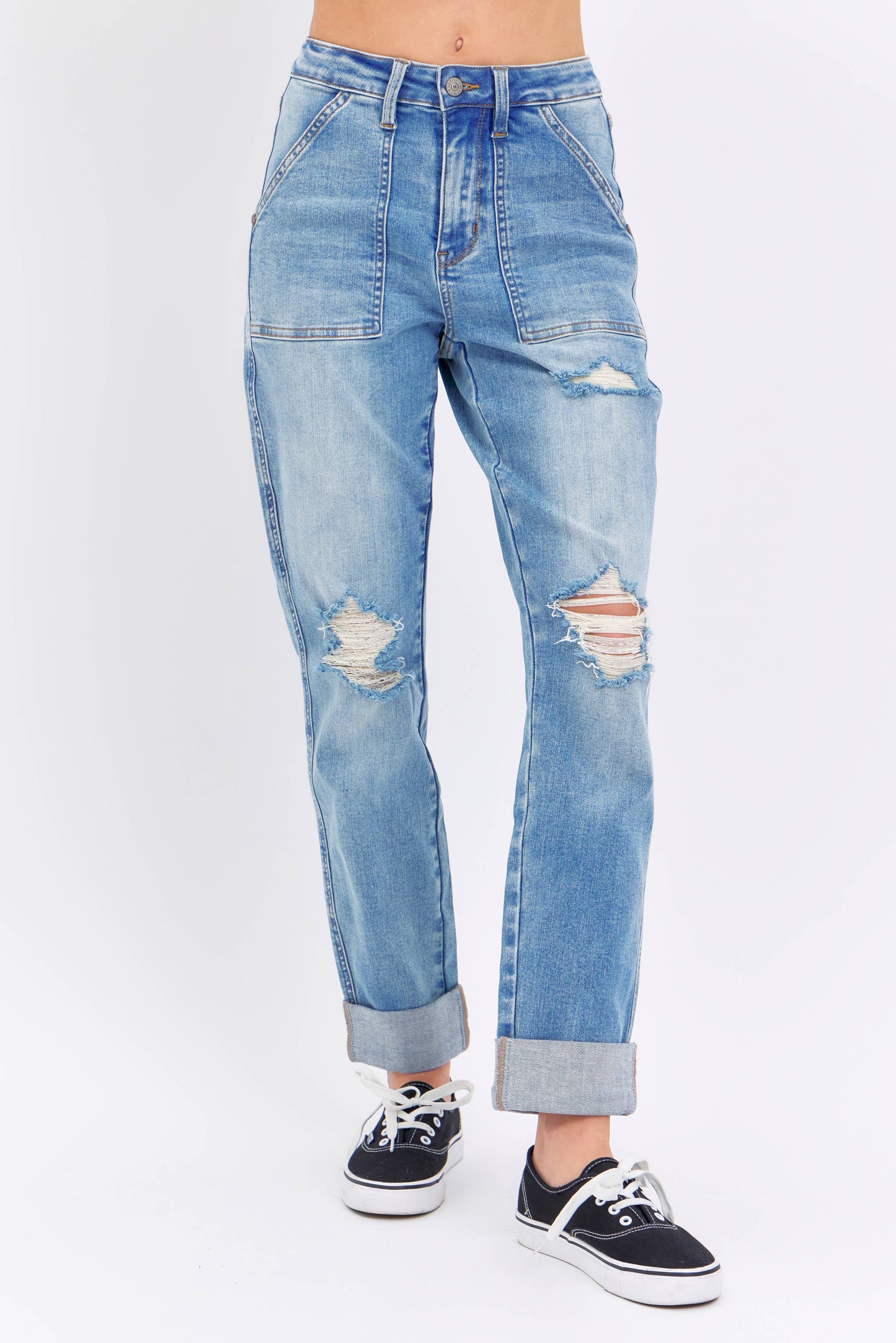 Judy Blue Jeans - High Waisted Distressed Boyfriend With Patch Pocket