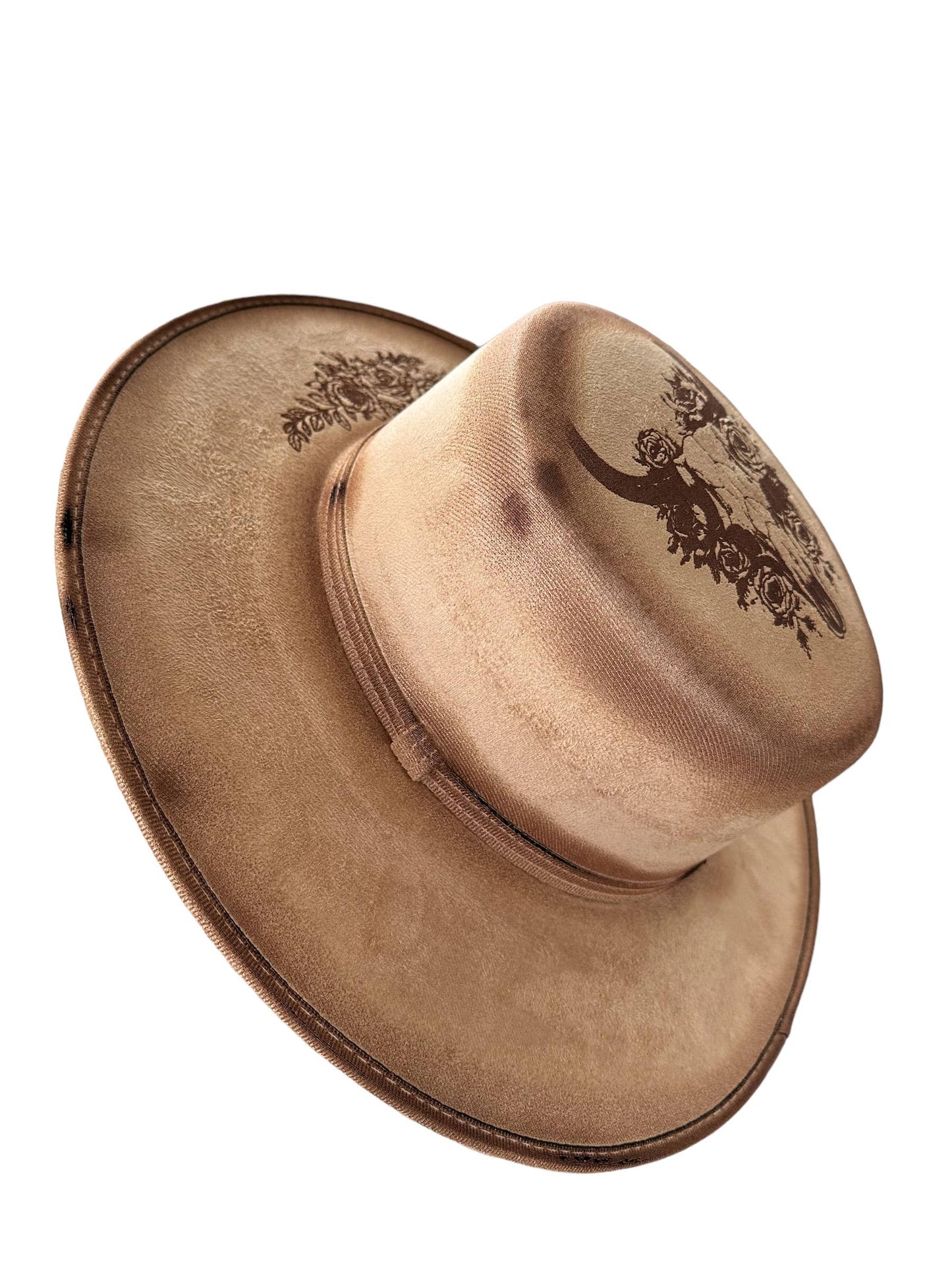 Wild Indigo - Floral Bull Skull Burnt Hat Western Boater Cowboy Fedora 