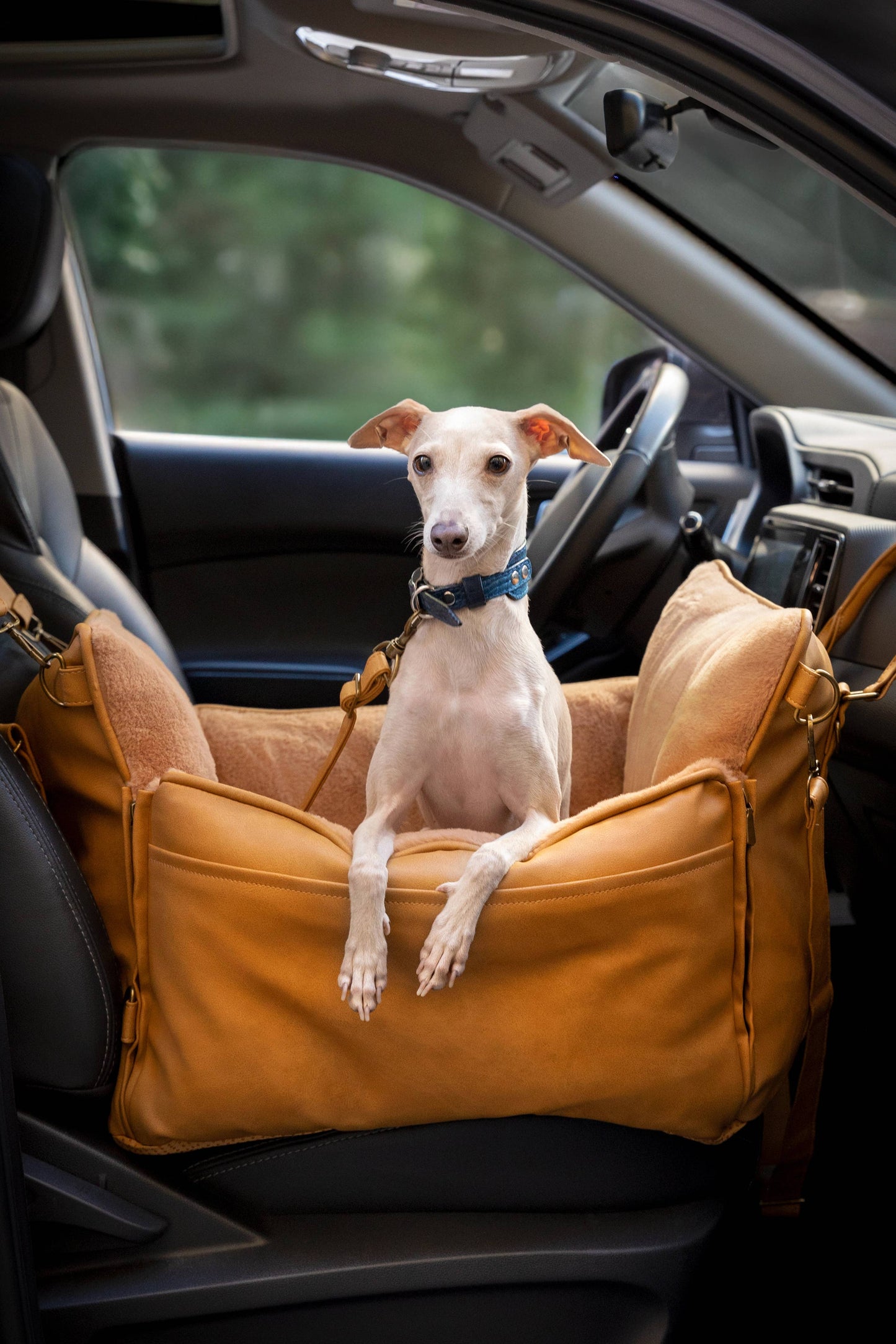 NOAH AND PAW LLC - Dog Car Seat Carrier Orthopedic Crushed Foam, Camel, Vegan Leather