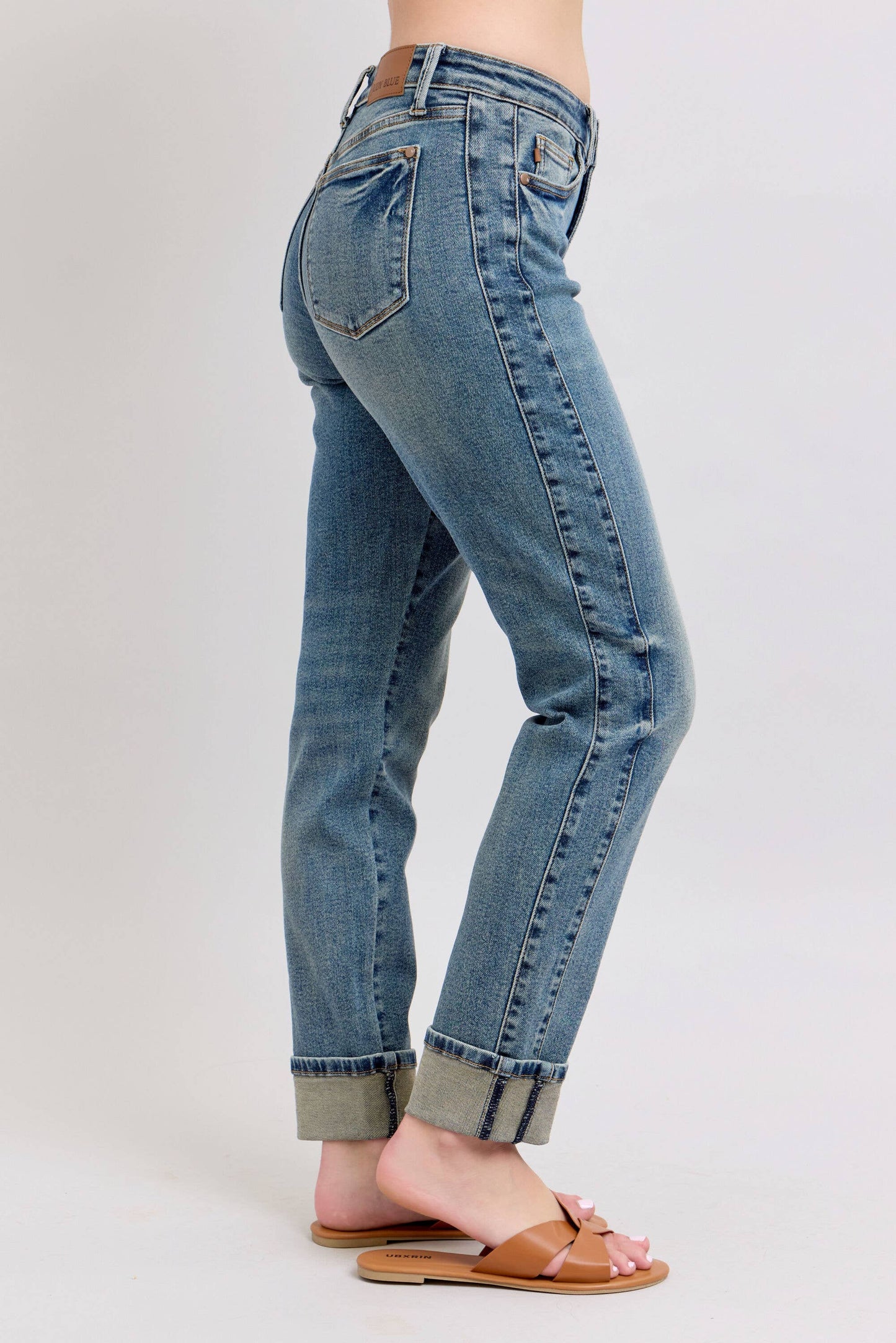 Judy Blue Jeans - Mid Rise Vintage Wash SS Panel & Double Roll Cuff BF
