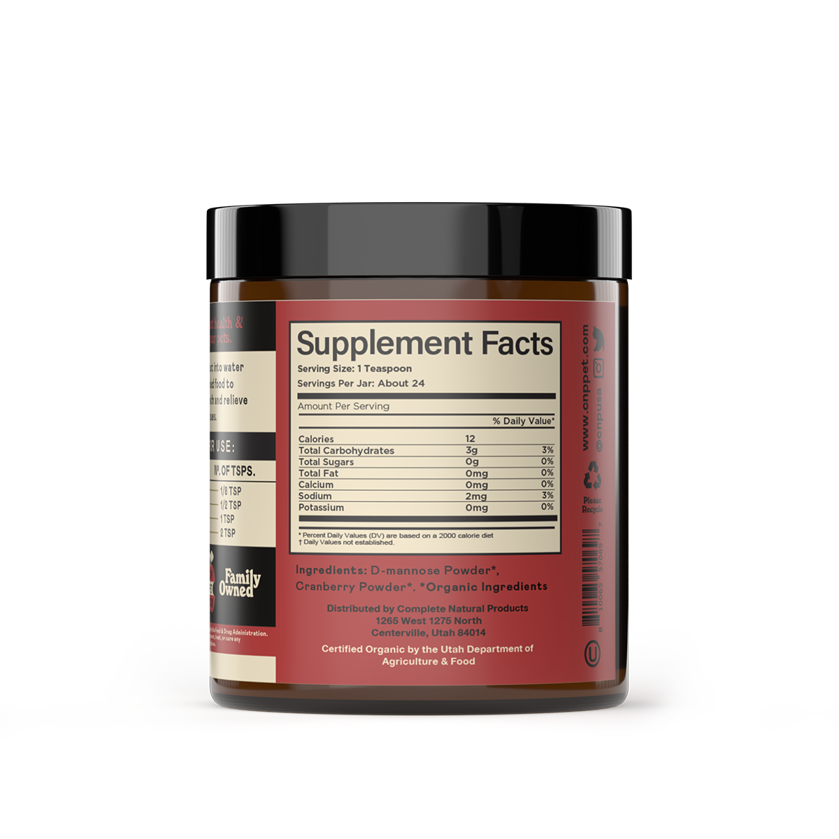 Complete Natural Products - Organic D-Mannose & Cranberry Powder for Dogs, Cats, & Pets