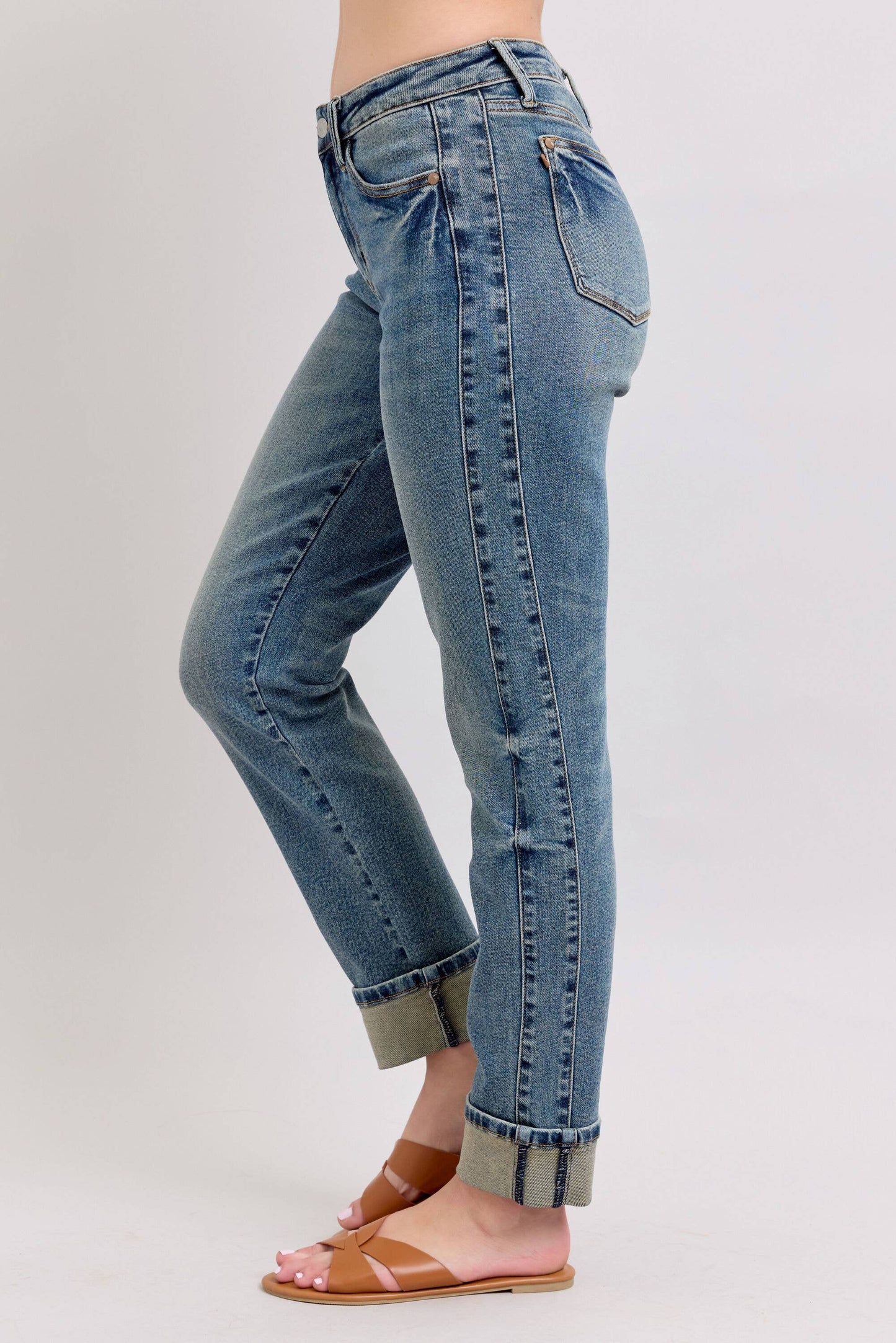 Judy Blue Jeans - Mid Rise Vintage Wash SS Panel & Double Roll Cuff BF