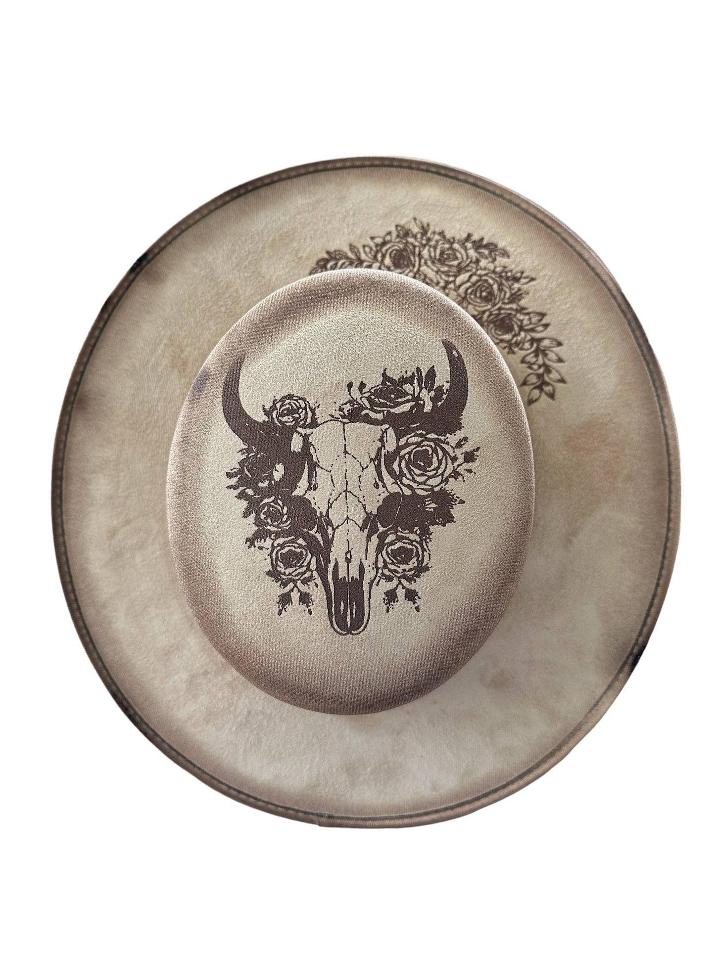 Wild Indigo - Floral Bull Skull Burnt Hat Western Boater Cowboy Fedora 
