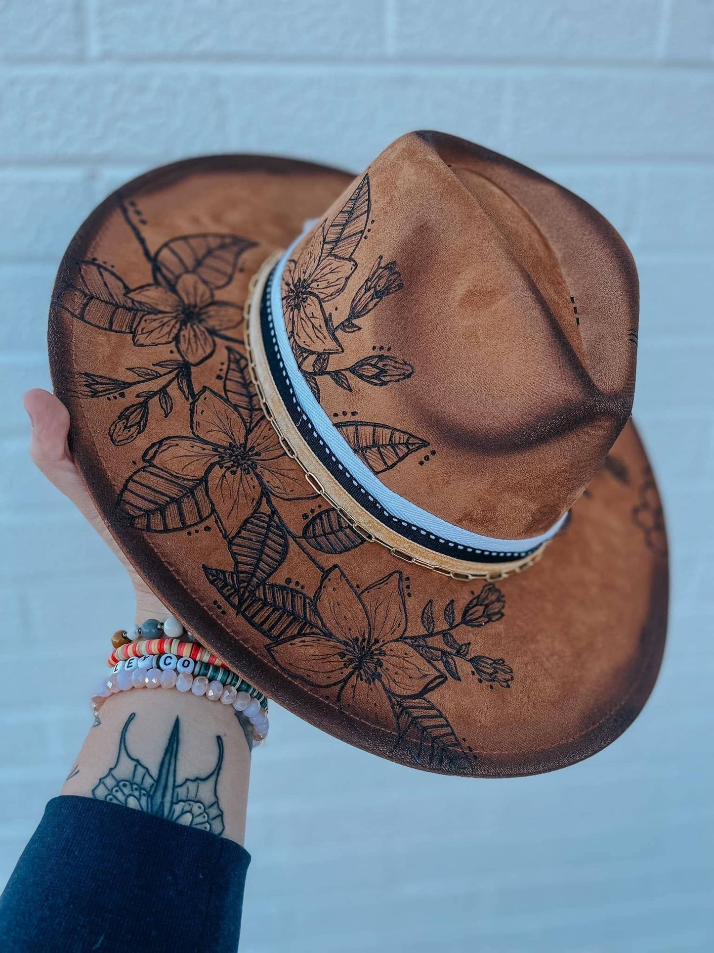River Valley Co. - Tan apple blossom and bee floral wide brim fedora hat