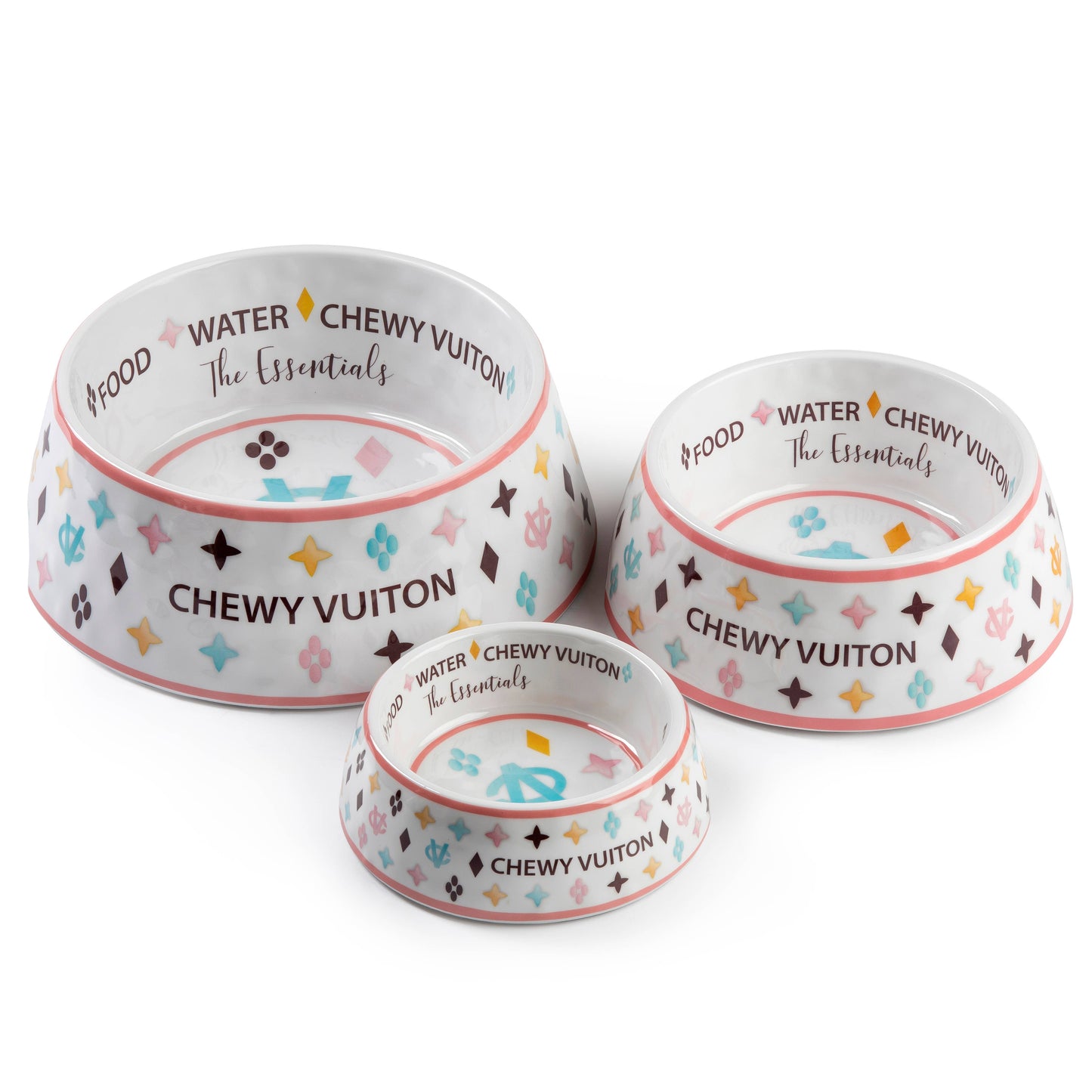 Haute Diggity Dog - White Chewy Vuiton Bowls & Mat  Set Dog Food Bowl