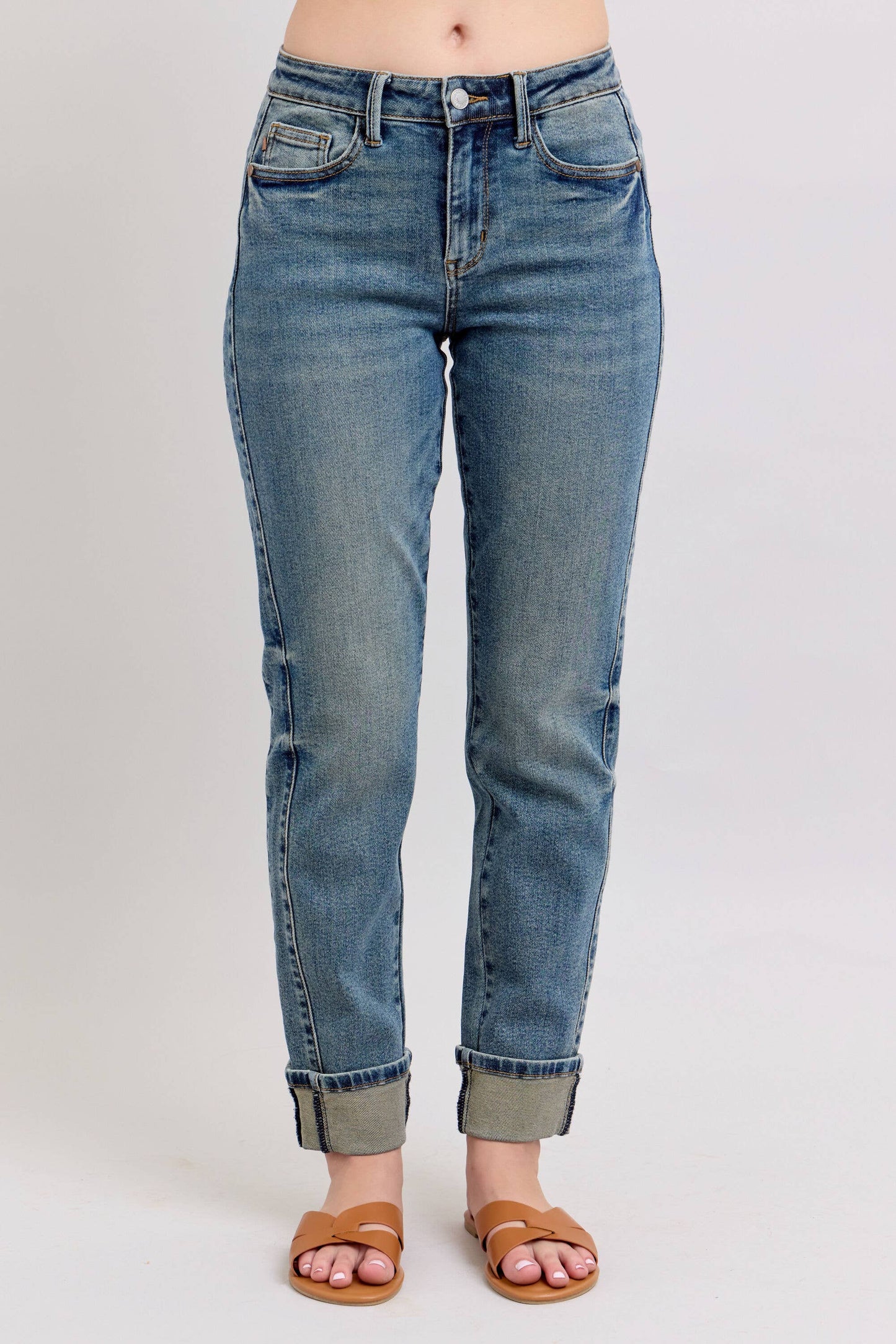 Judy Blue Jeans - Mid Rise Vintage Wash SS Panel & Double Roll Cuff BF