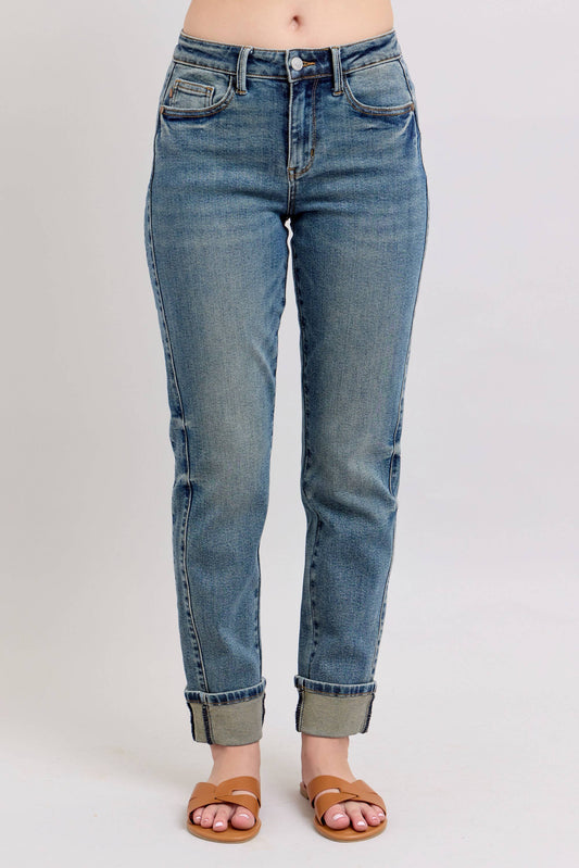 Judy Blue Jeans - Mid Rise Vintage Wash SS Panel & Double Roll Cuff BF