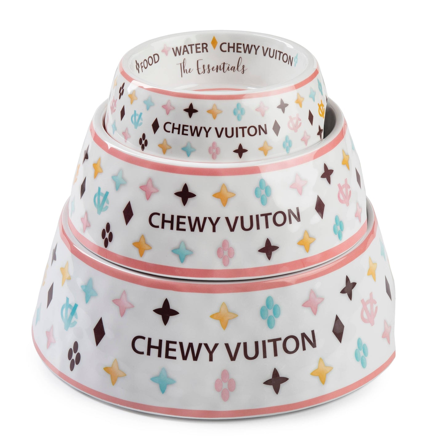 Haute Diggity Dog - White Chewy Vuiton Bowls & Mat  Set Dog Food Bowl