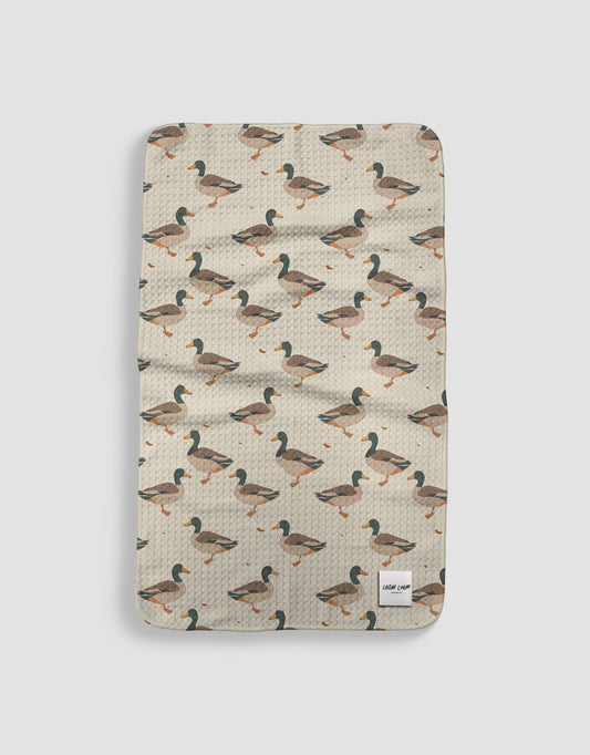 Loom Loom - Loom Loom Kitchen Tea Towel - Green Tan Brown Ducks Mallards Repeating Tile Pattern Eco Microfiber Waffle Woven Towels