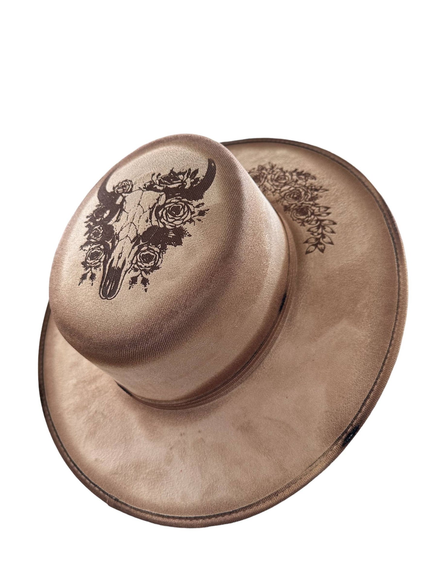 Wild Indigo - Floral Bull Skull Burnt Hat Western Boater Cowboy Fedora 