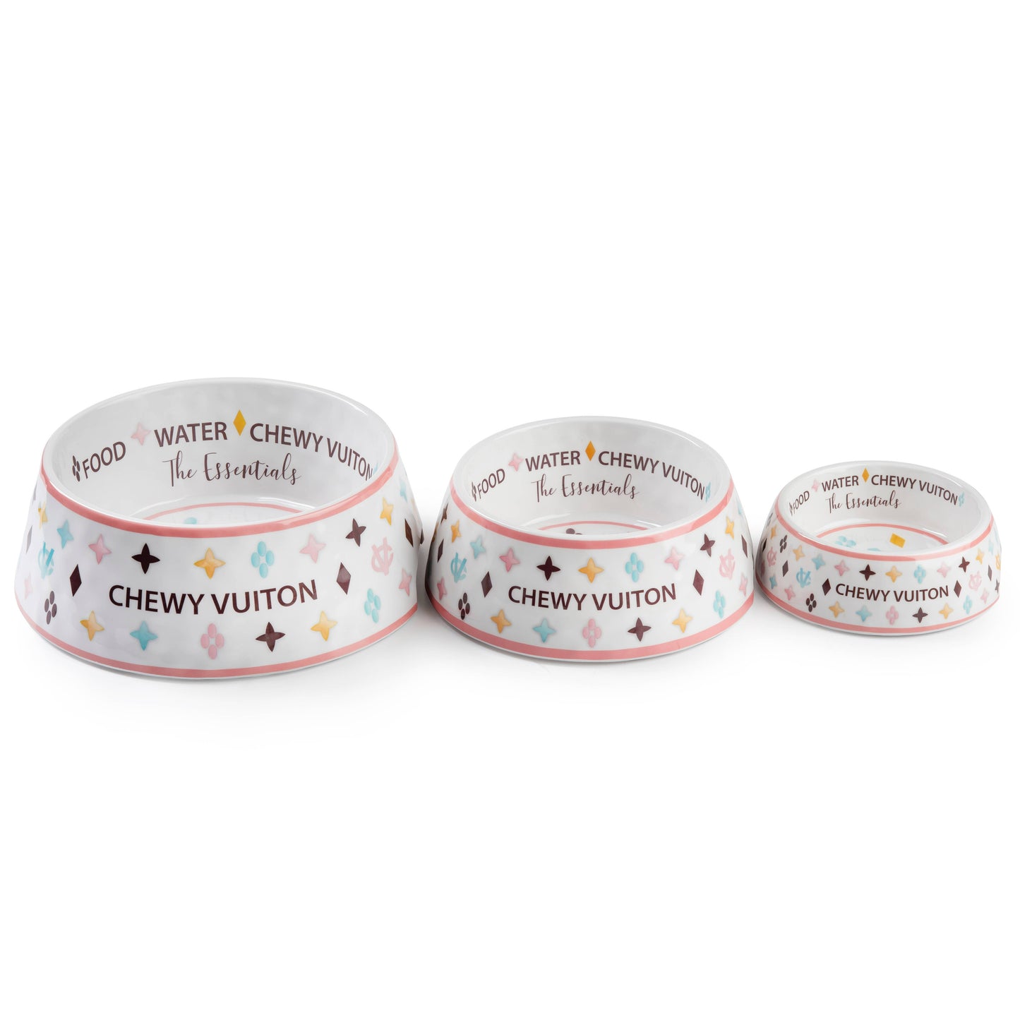 Haute Diggity Dog - White Chewy Vuiton Bowls & Mat  Set Dog Food Bowl