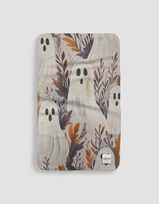 Loom Loom - Loom Loom Kitchen Tea Towel - Grey Orange White Halloween Ghosts Print Eco Microfiber Waffle Woven Towel