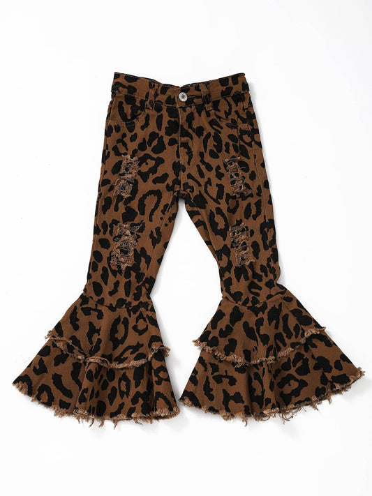 sassy kids palace - Leopard Distressed Double Layer Girls Jeans