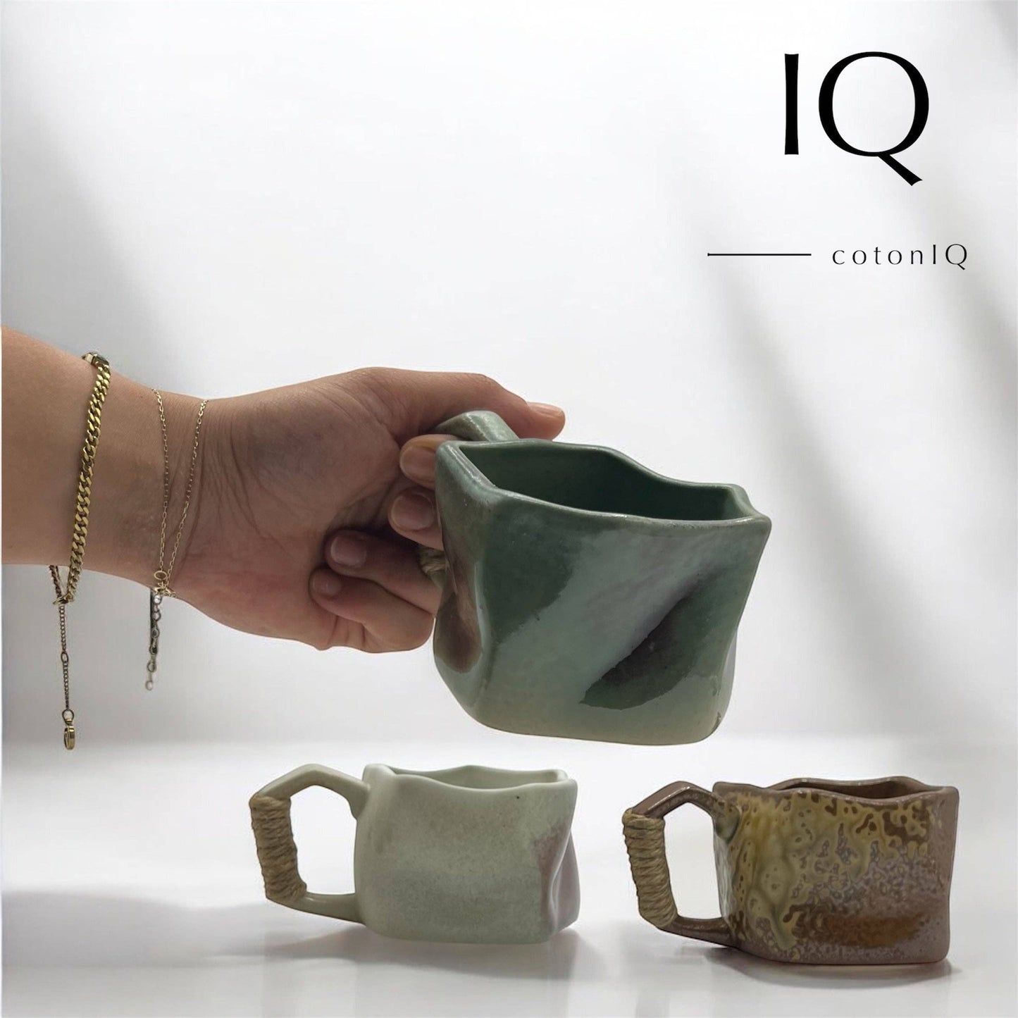 cotonIQ - Handcrafted Ceramic Mug – Rustic Unique Piece – White and Shades of Lilac – 230 ml
