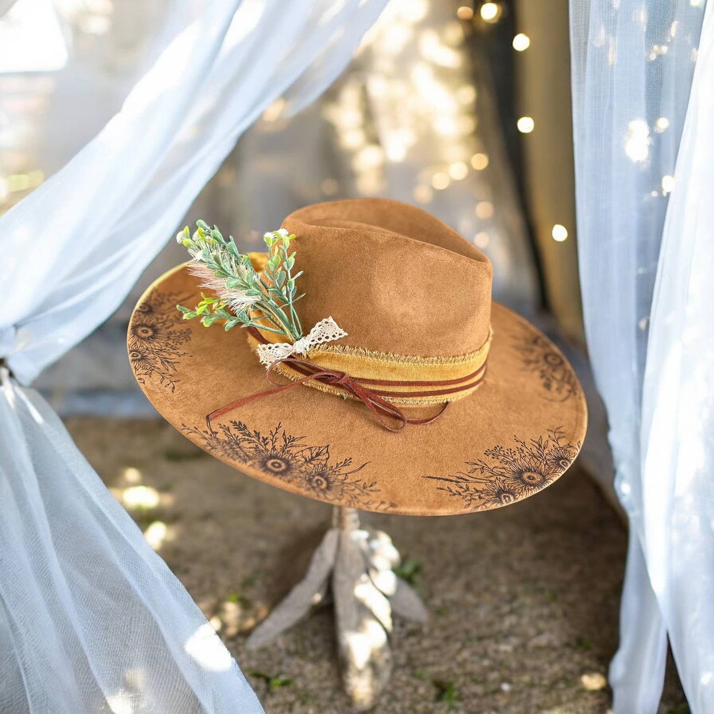Wild Indigo - Suede Rancher Hat, Cowboy Hat | Sunflower Floral Brim