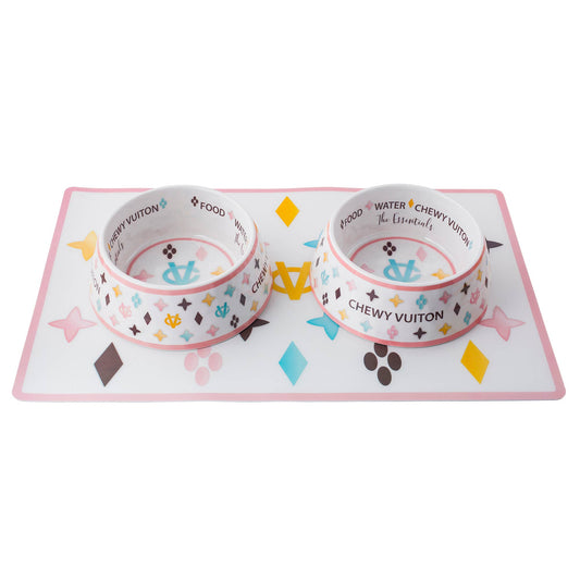 Haute Diggity Dog - White Chewy Vuiton Bowls & Mat  Set Dog Food Bowl