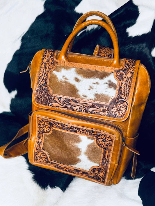 FRINGE & LUXE - Tooled Cowhide Fringe diaper bag/backpack-
( exact bag)