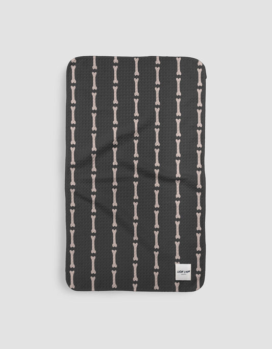 Loom Loom - Loom Loom Kitchen Tea Towel - Black White Bones Stripes Halloween Pattern Print Eco Microfiber Waffle Woven Towel
