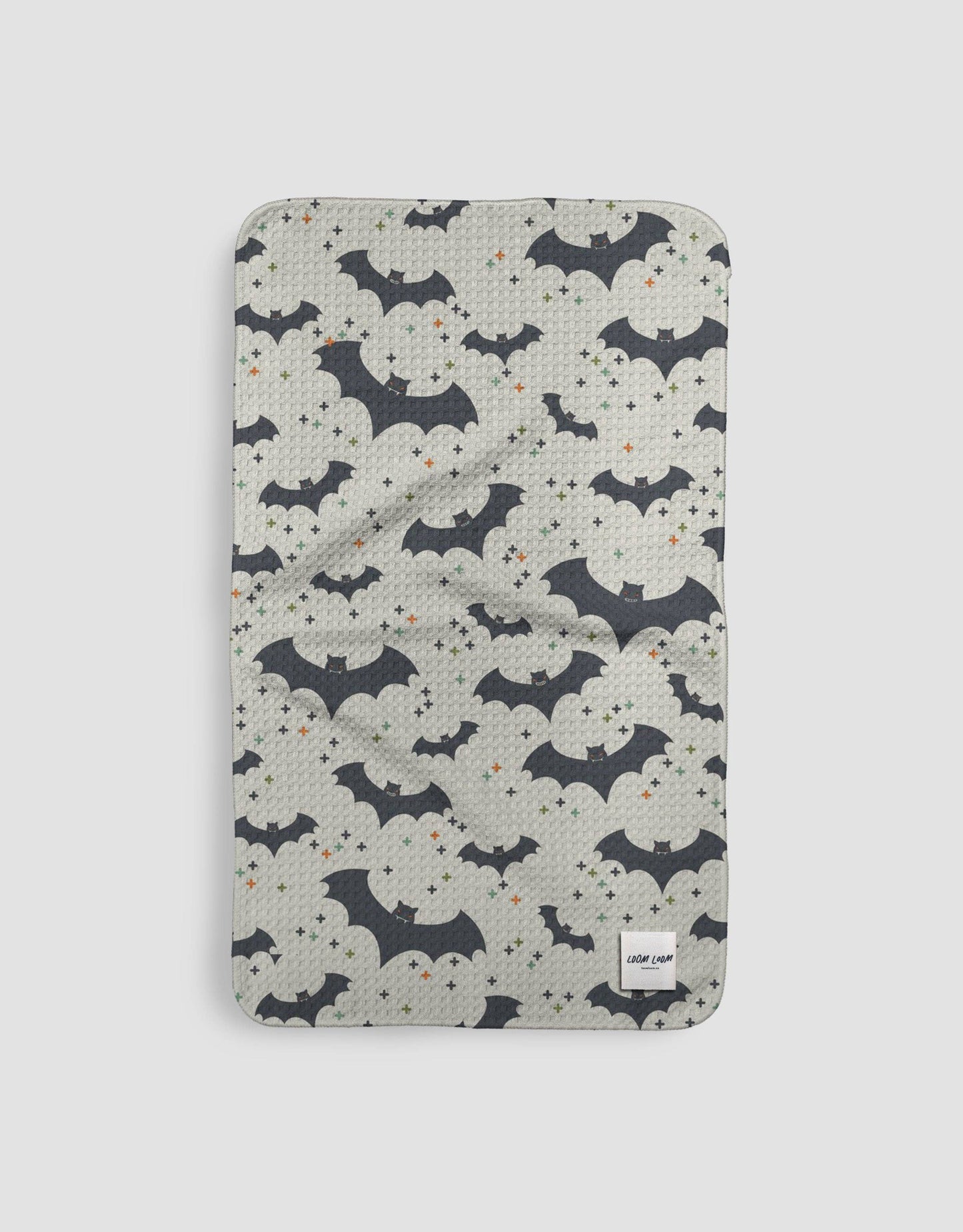 Loom Loom - Loom Loom Kitchen Tea Towel - White Black Bats Halloween Pattern Print Eco Microfiber Waffle Woven Towel