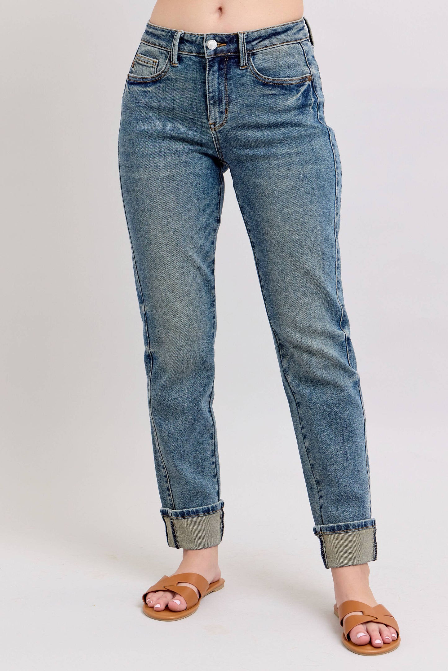 Judy Blue Jeans - Mid Rise Vintage Wash SS Panel & Double Roll Cuff BF